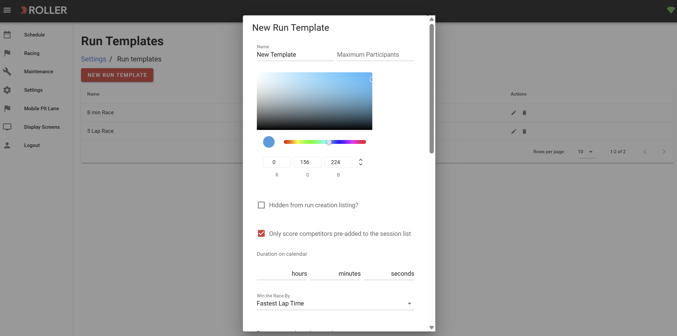 Creating a new run template with options for race duration and participant settings.